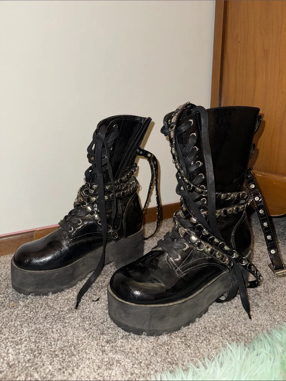 Sugar Thrillz Black Patent Platform Combat Boots with Studded Wrap Straps
